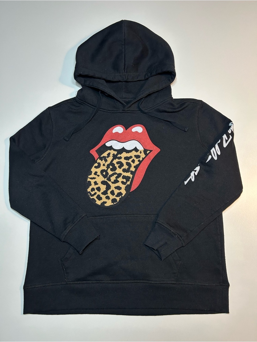 The Rolling Stones Graphic Hoodie Black Leopard Tongue Sleeve Print